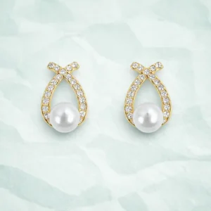 Gold Pearl Crystal Cross Korean Earring - Image 1