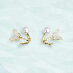 Elegant Gold Butterfly with Pearl Korean Earring - Image 1